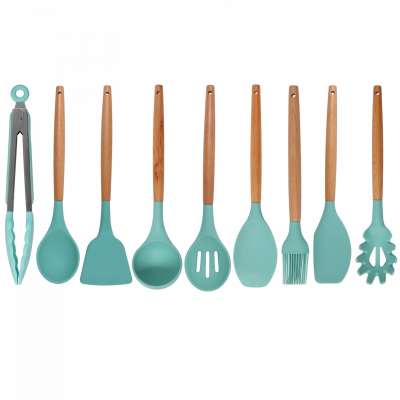 Stocked High Quality Wood Handle 10PCS Silicone Utensil With PP Holder Set