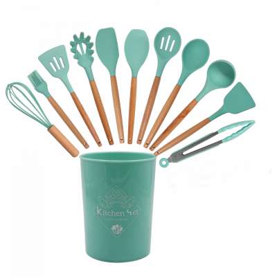 12 PCS Silicone Cooking Utensils Set with Wooden Handles and Holder Kitchen Gadgets Kitchen Tool Set for Gift