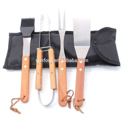 Set of 4 BBQ Grills Kitchen Min Barbecue Tools Set with Wooden Handle