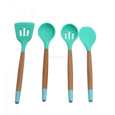 hot saling  4pcs silicon  Utensil Set Cooking Utensil Kitchen Tools Set with wooden handle with coating