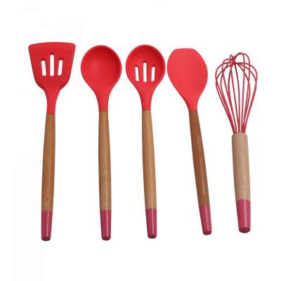 hight quality 5pcs  silicon  Utensil Set Cooking Utensil Kitchen Tools Set with wooden handle with coating